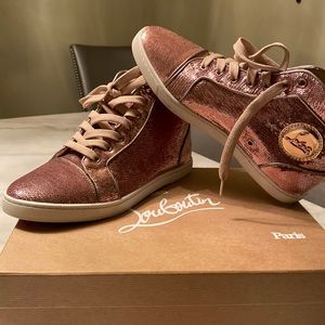 Rose Gold Christian Louboutin High Top Sequin Orlato Flat Sneaker. SZ 39-US 9.